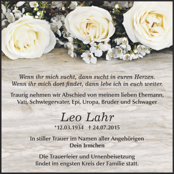 Traueranzeige von Leo Lahr von WVG - Wochenspiegel Dessau / Köthen