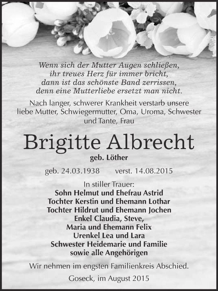  Traueranzeige für Brigitte Albrecht vom 26.08.2015 aus WVG - Wochenspiegel NMB / WSF / ZTZ