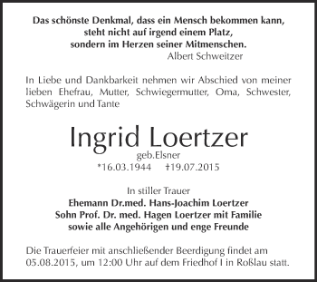 Traueranzeige von Ingrid Loertzer von WVG - Wochenspiegel Dessau / Köthen