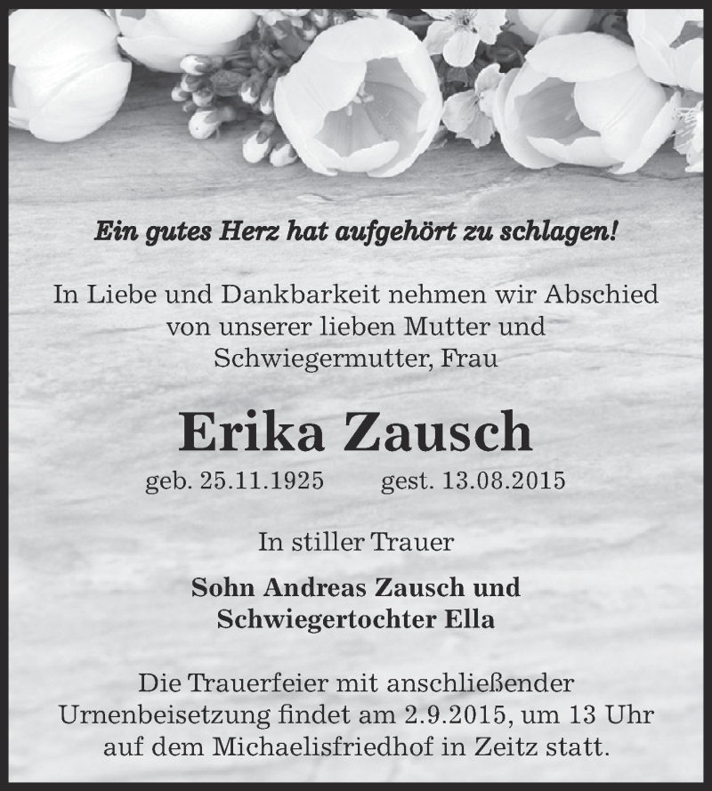  Traueranzeige für Erika Zausch vom 22.08.2015 aus Super Sonntag Zeitz