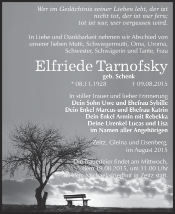 Traueranzeige von Elfriede Tarnofsky von Super Sonntag Zeitz