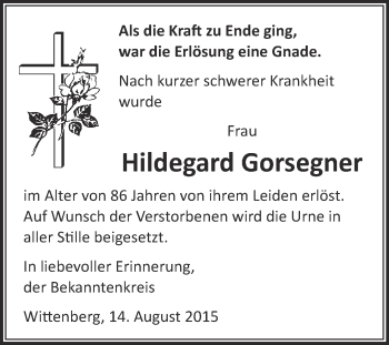 Traueranzeige von Hildegard Gorsegner von WVG - Wochenspiegel Wittenberg