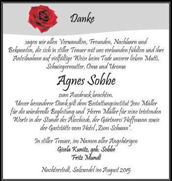Traueranzeige von Agnes Sobbe von Super Sonntag Aschersleben