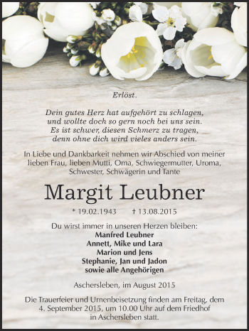 Traueranzeige von Margit Leubner von Super Sonntag Aschersleben