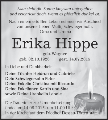 Traueranzeige von Erika Hippe von WVG - Wochenspiegel Dessau / Köthen