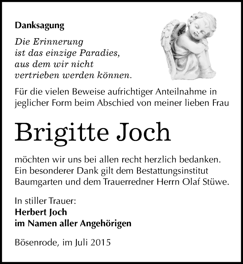  Traueranzeige für Brigitte Joch vom 12.08.2015 aus Mitteldeutsche Zeitung Sangerhausen