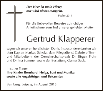 Traueranzeige von Gertrud Klapperer von Super Sonntag Bernburg