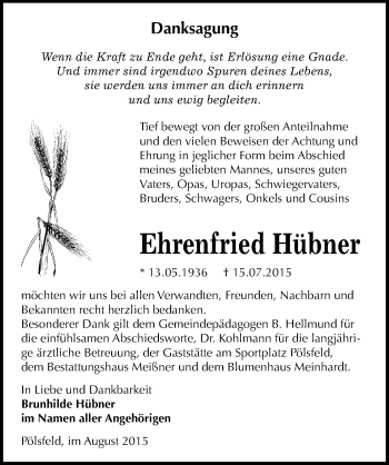 Traueranzeige von Ehrenfried Hübner von Mitteldeutsche Zeitung Sangerhausen