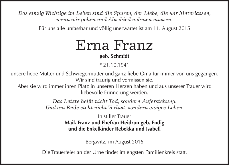  Traueranzeige für Erna Franz vom 22.08.2015 aus Mitteldeutsche Zeitung Wittenberg