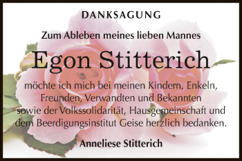 Traueranzeige von Egon Stitterich von WVG - Wochenspiegel Dessau / Köthen