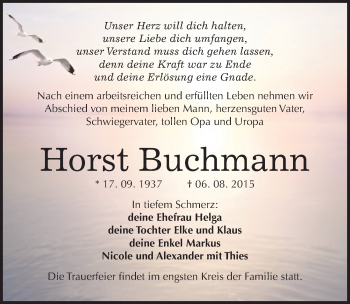 Traueranzeige von Horst Buchmann von Mitteldeutsche Zeitung Mansfelder Land