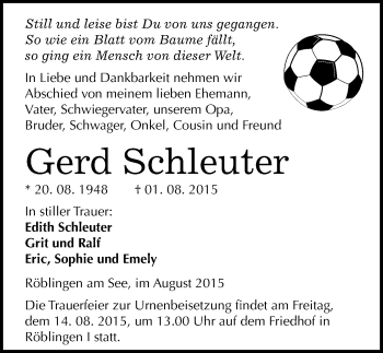 Traueranzeige von Gerd Schleuter von Mitteldeutsche Zeitung Mansfelder Land