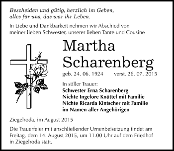 Traueranzeige von Martha Scharenberg von Mitteldeutsche Zeitung Merseburg/Querfurt