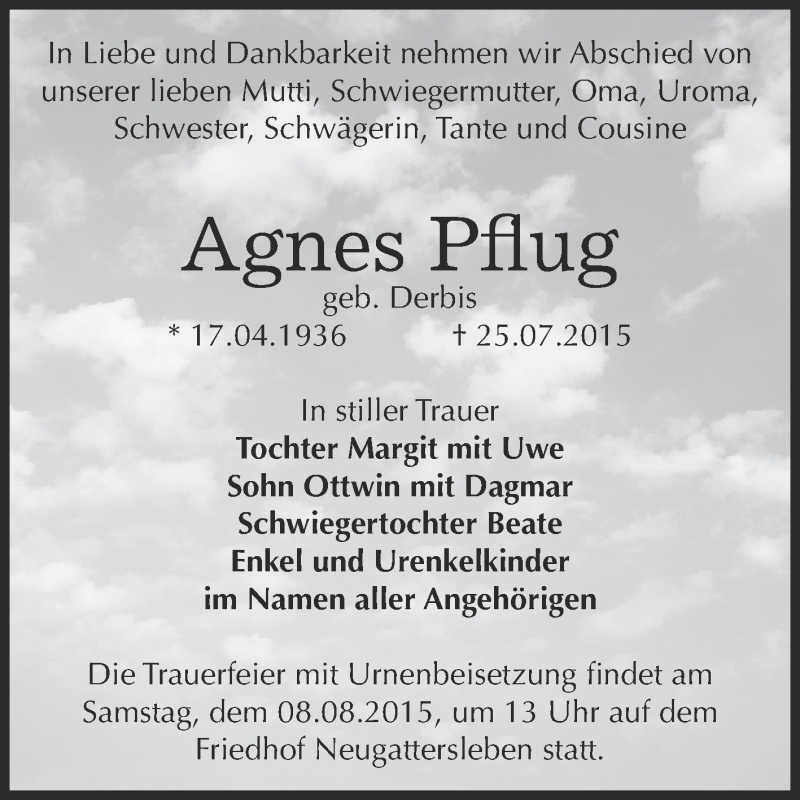 Traueranzeige für Agnes Pflug vom 01.08.2015 aus Super Sonntag Bernburg