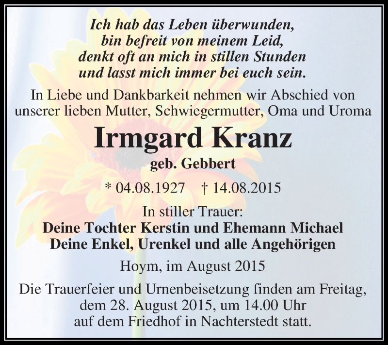  Traueranzeige für Irmgard Kranz vom 22.08.2015 aus Super Sonntag Aschersleben