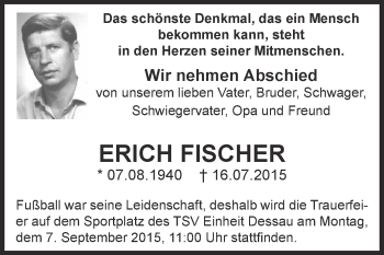 Traueranzeige von Erich  Fischer von WVG - Wochenspiegel Dessau / Köthen
