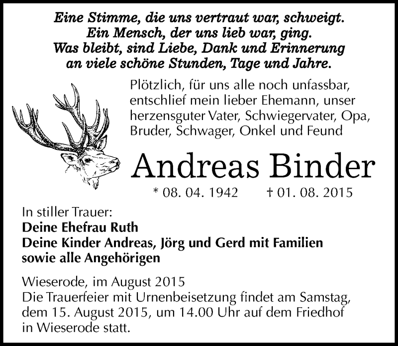  Traueranzeige für Andreas Binder vom 07.08.2015 aus Mitteldeutsche Zeitung Quedlinburg