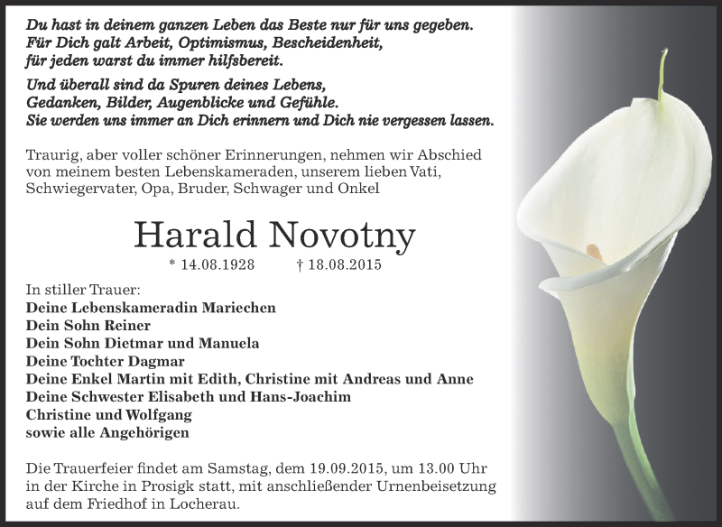  Traueranzeige für Harald Novotny vom 29.08.2015 aus WVG - Wochenspiegel Dessau / Köthen