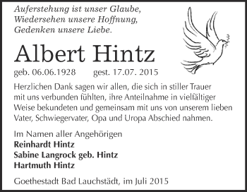 Traueranzeige von Albert Hintz von WVG - Wochenspiegel Merseburg