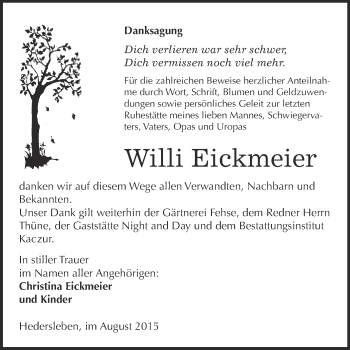 Traueranzeige von Willi Eickmeier von WVG - Wochenspiegel Quedlinburg