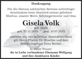 Traueranzeige von Gisela Volk von Super Sonntag SGH Mansf. Land