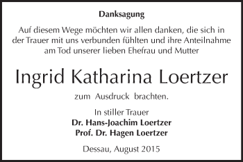 Traueranzeige von Ingrid Katharina Loertzer von WVG - Wochenspiegel Dessau / Köthen