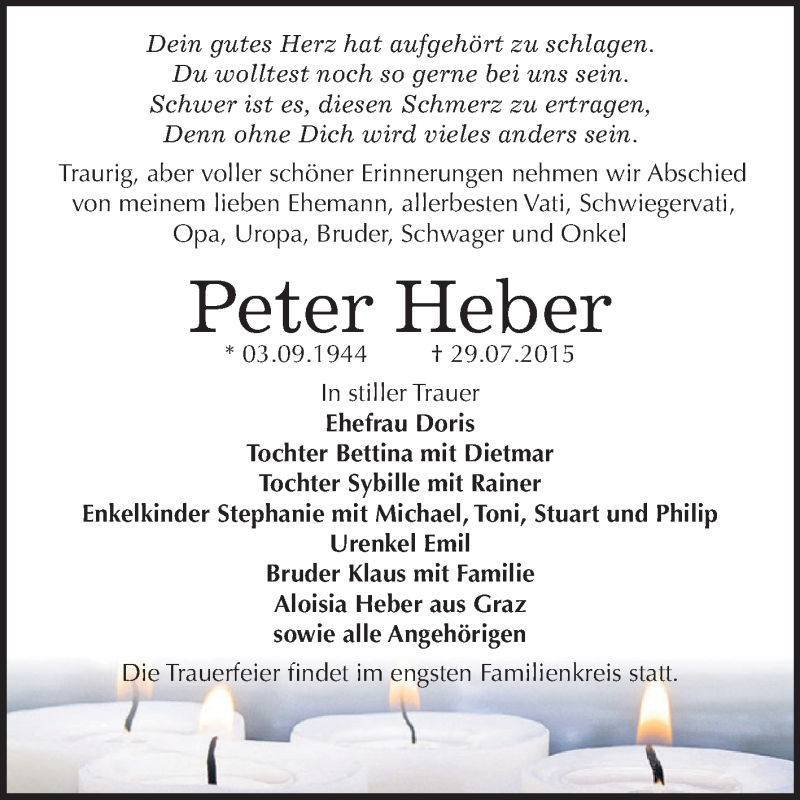  Traueranzeige für Peter Heber vom 08.08.2015 aus WVG - Wochenspiegel Dessau / Köthen