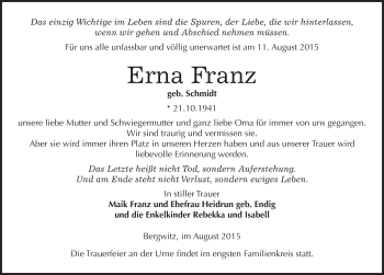 Traueranzeige von Erna Franz von Mitteldeutsche Zeitung Wittenberg