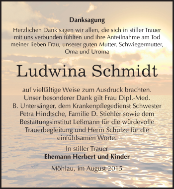 Traueranzeige von Ludwina Schmidt von Mitteldeutsche Zeitung Wittenberg