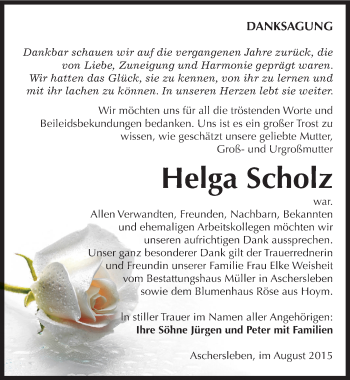 Traueranzeige von Helga Scholz von Mitteldeutsche Zeitung Aschersleben