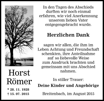 Traueranzeige von Horst Römer von Mitteldeutsche Zeitung Sangerhausen