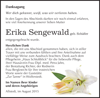 Traueranzeige von Erika Sengewald von Mitteldeutsche Zeitung Sangerhausen