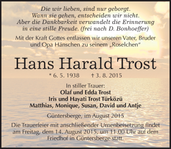 Traueranzeige von Hans Harald Trost von Mitteldeutsche Zeitung Quedlinburg