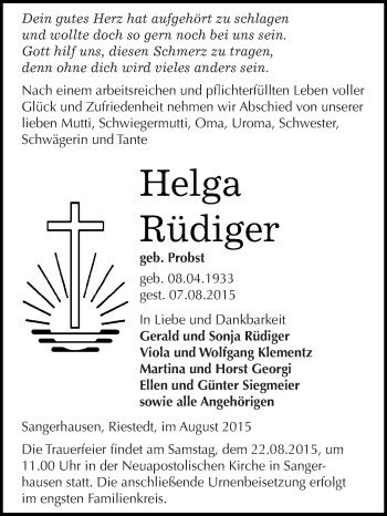 Traueranzeige von Helga Rüdiger von Super Sonntag SGH Mansf. Land