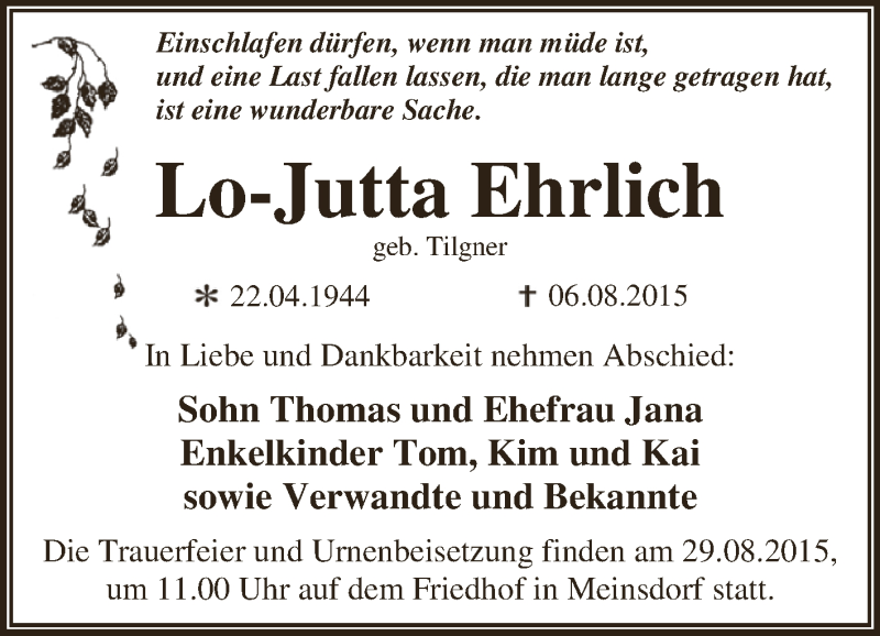  Traueranzeige für Lo-Jutta Ehrlich vom 15.08.2015 aus WVG - Wochenspiegel Dessau / Köthen