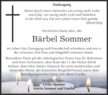 Traueranzeige von Bärbel Sommer von WVG - Wochenspiegel Dessau / Köthen