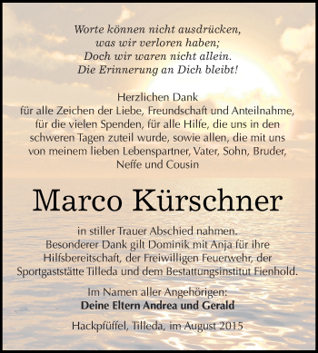 Traueranzeige von Marco Kürschner von Super Sonntag SGH Mansf. Land