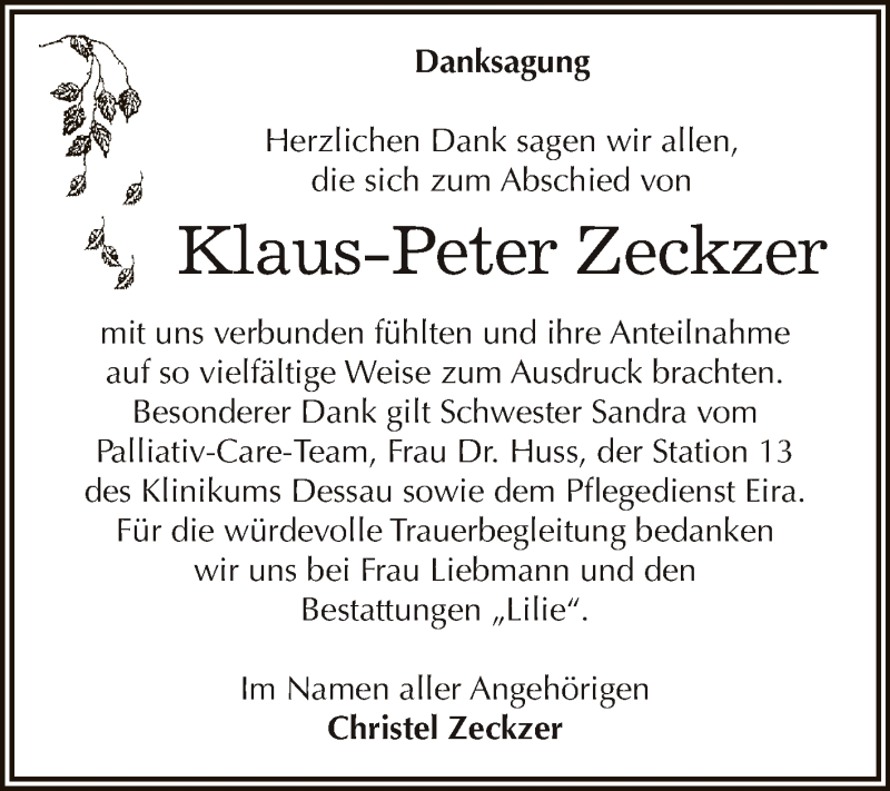  Traueranzeige für Klaus-Peter Zeckzer vom 29.08.2015 aus WVG - Wochenspiegel Dessau / Köthen