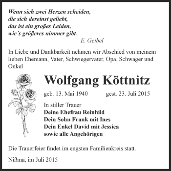Traueranzeige von Wolfgang Köttnitz von Super Sonntag Zeitz