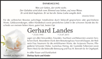 Traueranzeige von Gerhard Landes von WVG - Wochenspiegel Bitterfeld