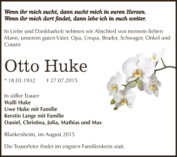 Traueranzeige von Otto Huke von WVG - Wochenspiegel SGH