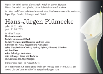 Traueranzeige von Hans-Jürgen Plümecke von Mitteldeutsche Zeitung Naumburg/Nebra