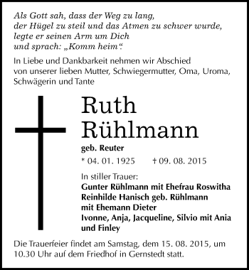 Traueranzeige von Ruth Rühlmann von Mitteldeutsche Zeitung Naumburg/Nebra