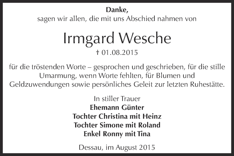  Traueranzeige für Irmgard Wesche vom 22.08.2015 aus WVG - Wochenspiegel Dessau / Köthen