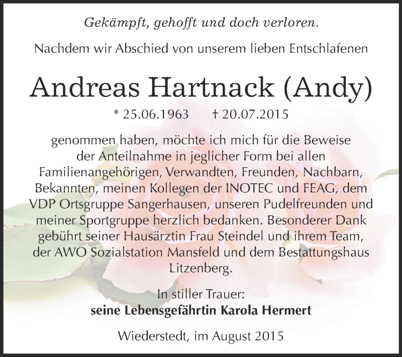  Traueranzeige für Andreas Hartnack vom 15.08.2015 aus Super Sonntag SGH Mansf. Land