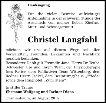 Traueranzeige von Christel Langfahl von Mitteldeutsche Zeitung Wittenberg