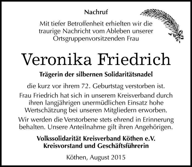  Traueranzeige für Veronika Friedrich vom 08.08.2015 aus Mitteldeutsche Zeitung Köthen