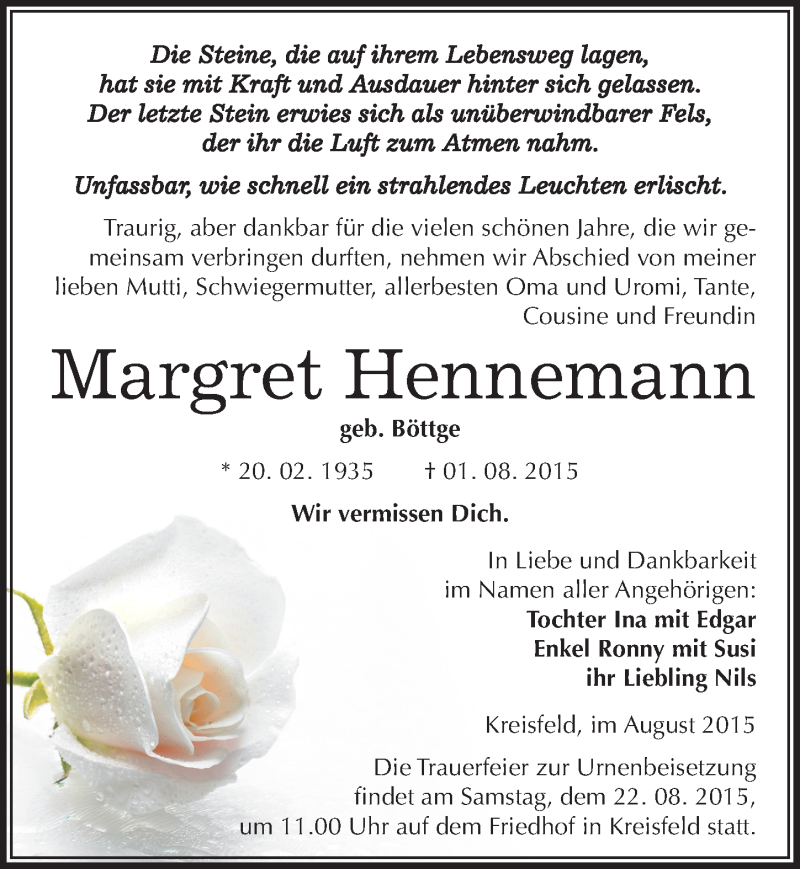  Traueranzeige für Margret Hennemann vom 08.08.2015 aus Mitteldeutsche Zeitung Mansfelder Land