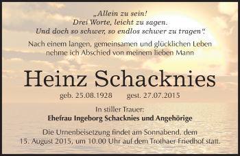 Traueranzeige von Heinz Schacknies von Mitteldeutsche Zeitung Halle/Saalkreis