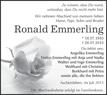 Traueranzeige von Ronald Emmerling von Super Sonntag Aschersleben